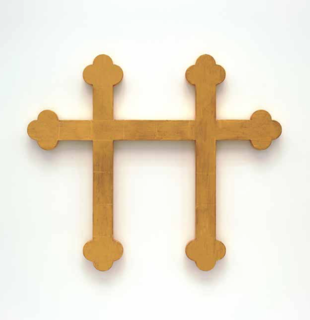 Jonathan Horowitz

Crucifix for Two, 2013

Gold leaf on oak

21 1/2 x 25 1/2 inches

Edition 1 of 2 plus 1 AP