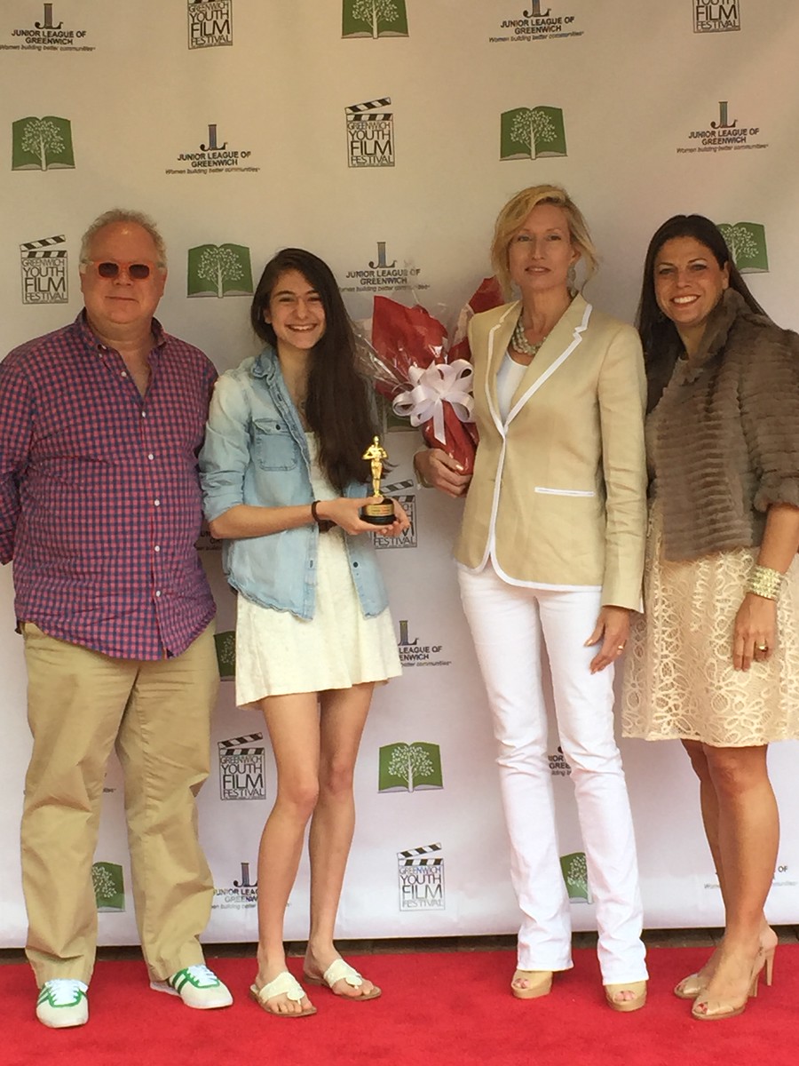 From left to right:Gary Springer (Best Freshman Film judge), Gabrielle Giacomo (Best of the Festival Winner), Kristina Leigh Copeland (Best of the Festival judge), Alessandra Messineo-Long (President-Elect of the Junior League of Greenwich).  