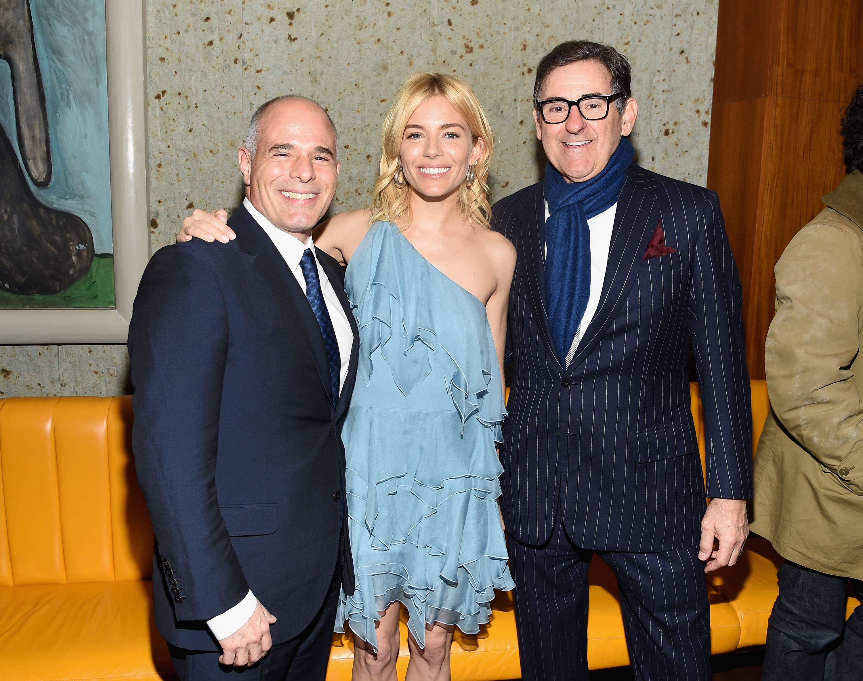 NEW YORK, NY - NOVEMBER 10:   (L-R) Mike Giannattasio, Sienna Miller, and honoree Peter M. Brant attend The 24th Montblanc De La Culture Arts Patronage Award at Kappo Masa on November 10, 2015 in New York City. 
