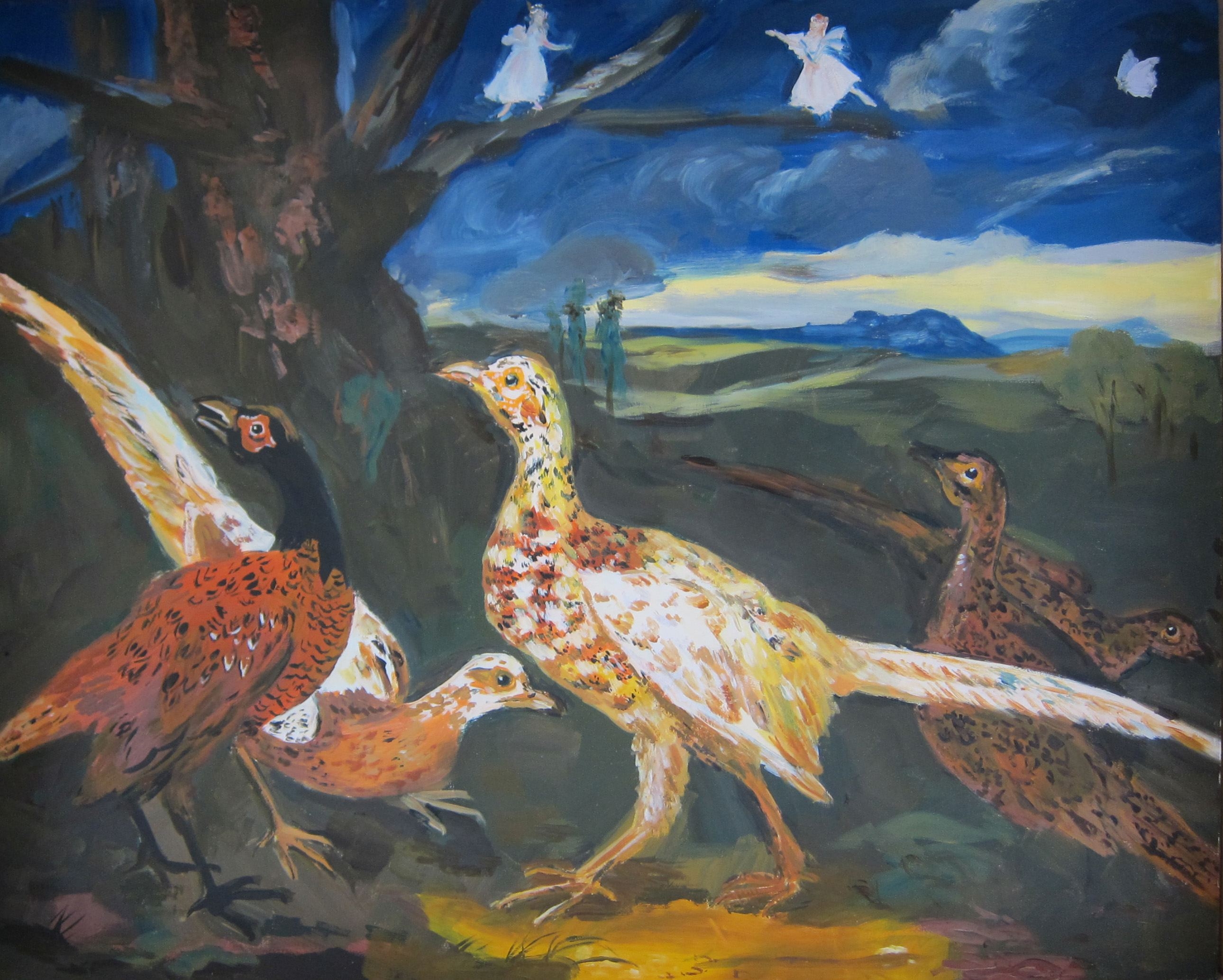 pheasants + fairies in the field, 2010