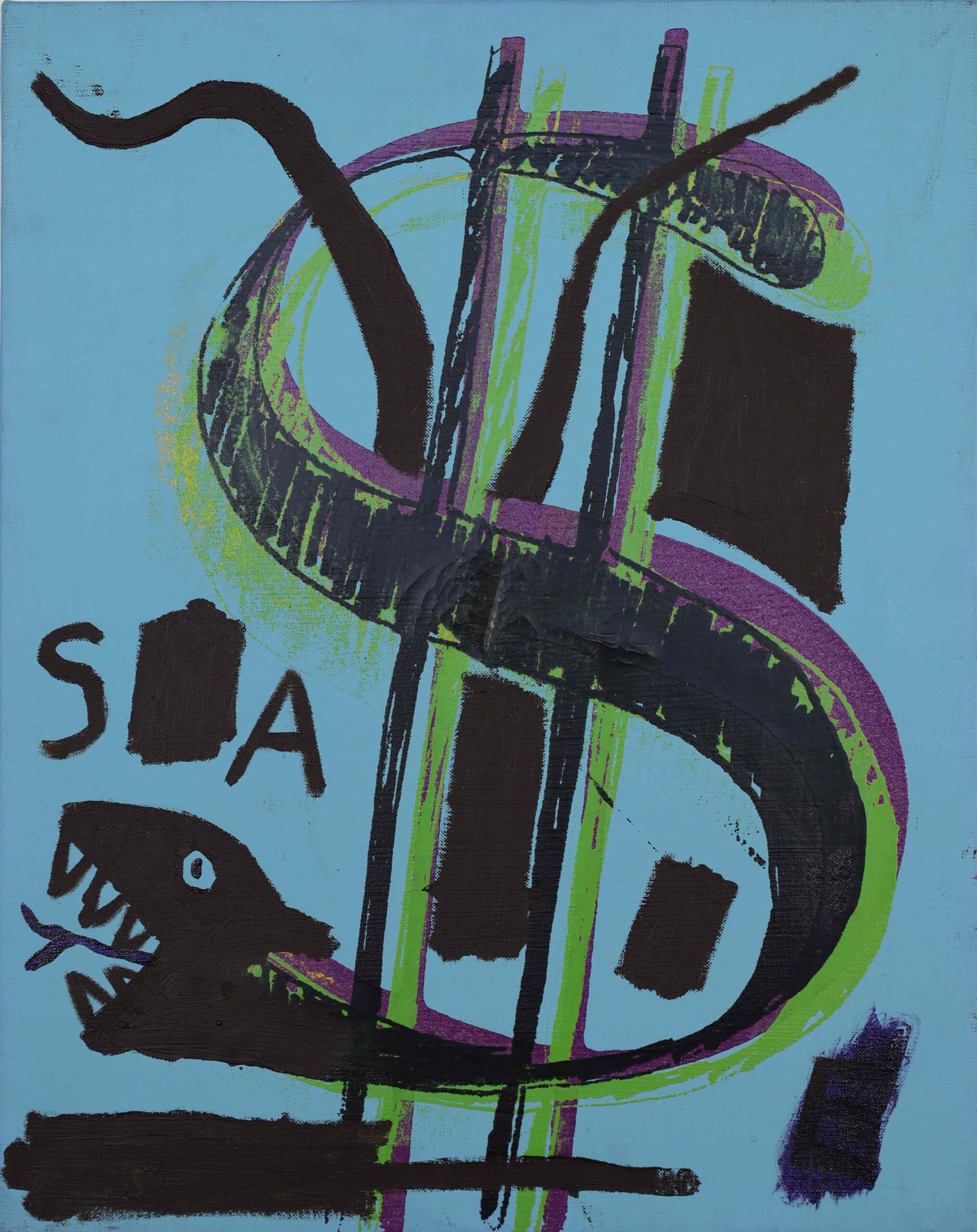 Jean-Michel Basquiat & Andy Warhol 
Untitled (Dollar Sign), c. 1984 - 1985

Synthetic polymer paint and silkscreen ink on canvas

20 x 16 in.